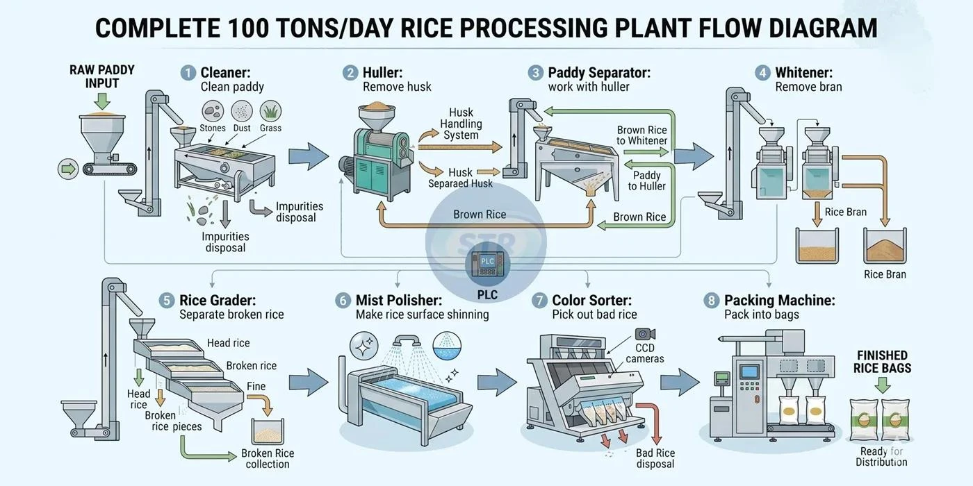 Complete rice processing flow diagram - 8 automated stages Complete rice processing flow diagram - 8 automated stages